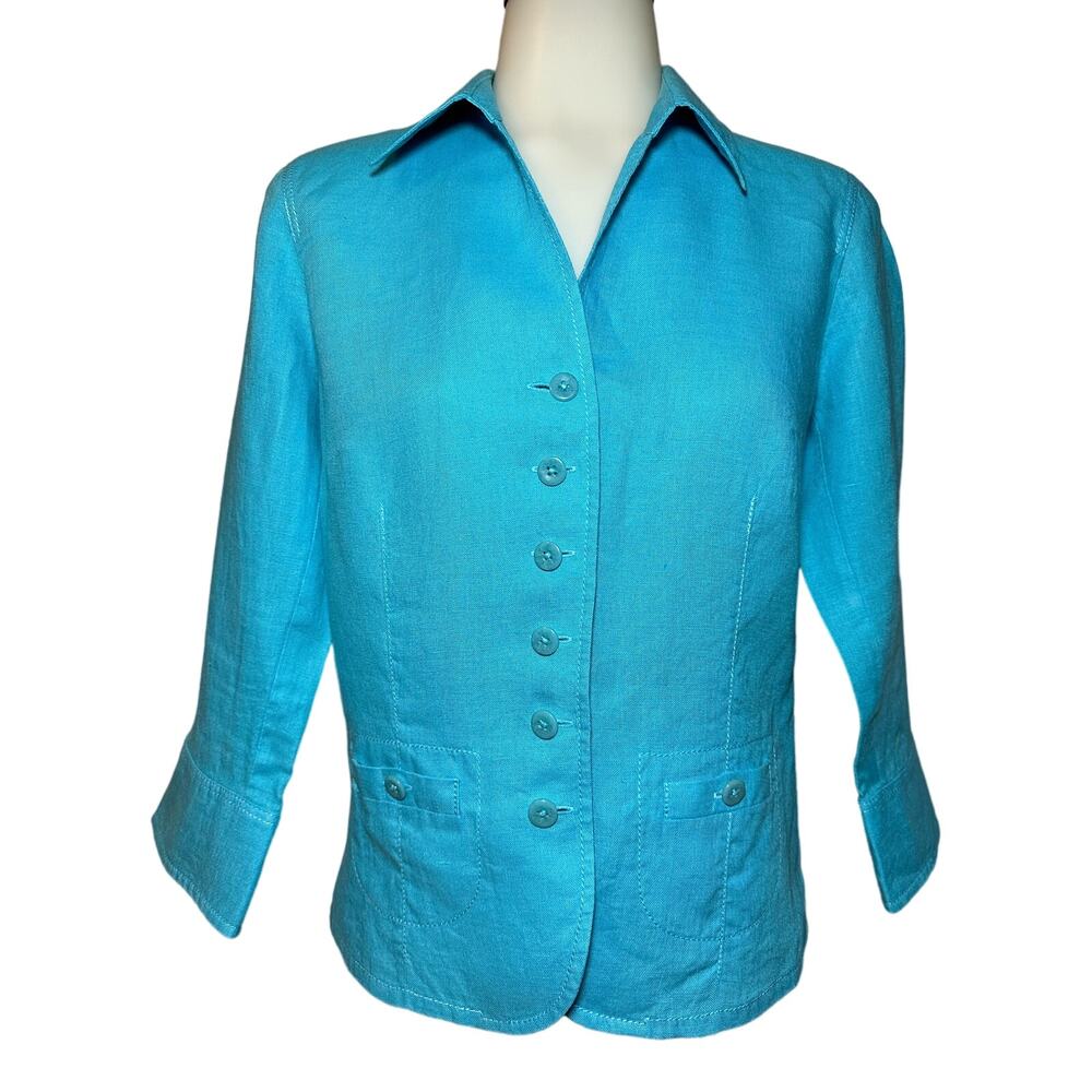 Talbots Vintage Irish Linen Blazer Jacket Women's 4 Teal Long Sleeve 100% Linen